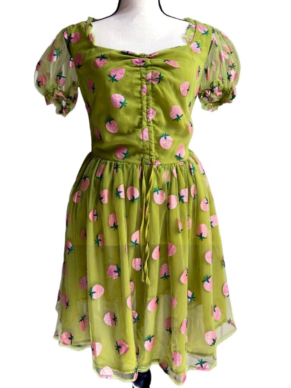 Unique Vintage Smak Parlour Strawberry Mesh Flare Dress Avocado Pink Puff SMALL